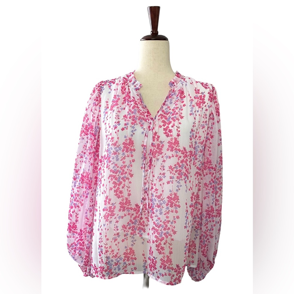 Ee:some Floral V- Neck Bubble Sleeve Blouse Size Small